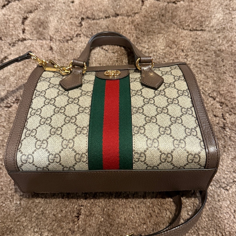 Gucci Brown GG Supreme Canvas Satchel with Green and Red Web Stripe - Picture 15 of 15